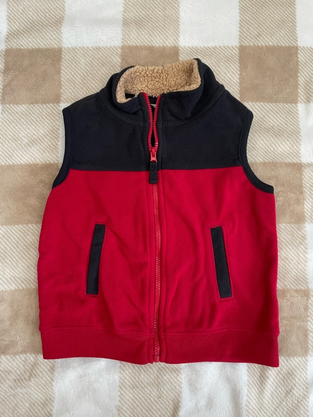 Carter's 18-24 Months Red and Black Fleece Vest with Tan Sherpa Collar EUC
